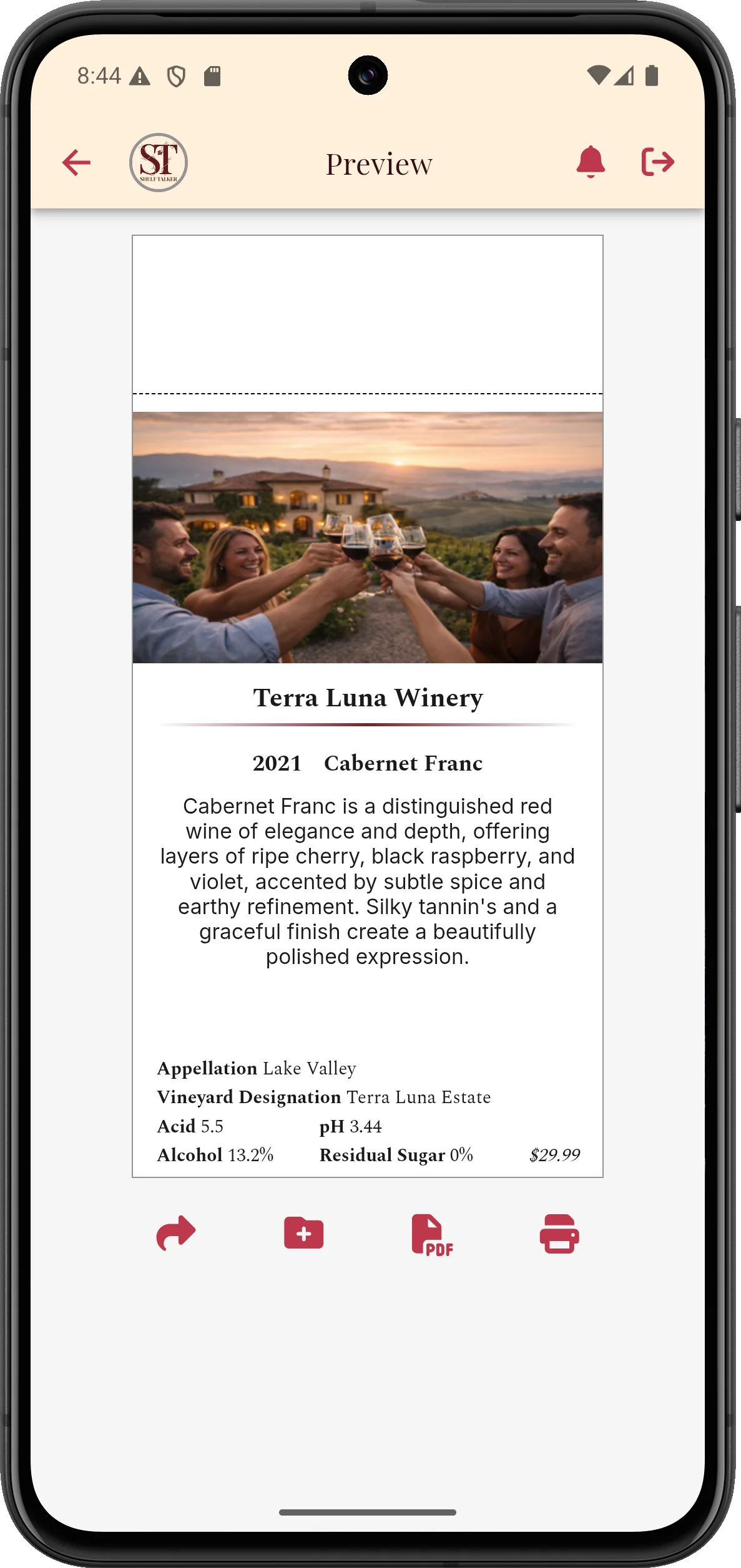 Shelf Talker app — finished wine shelf talker preview