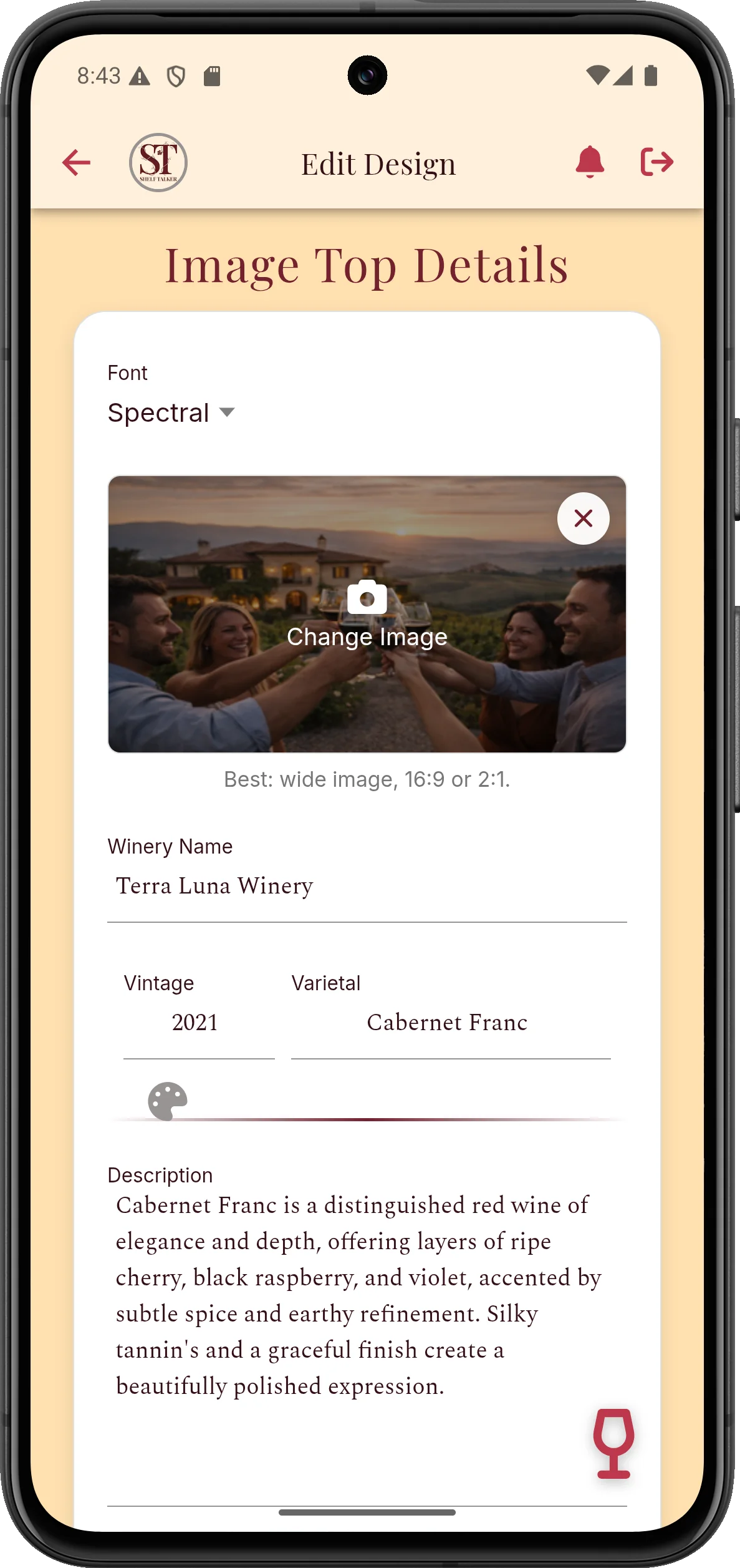 Shelf Talker app — design editor with wine details